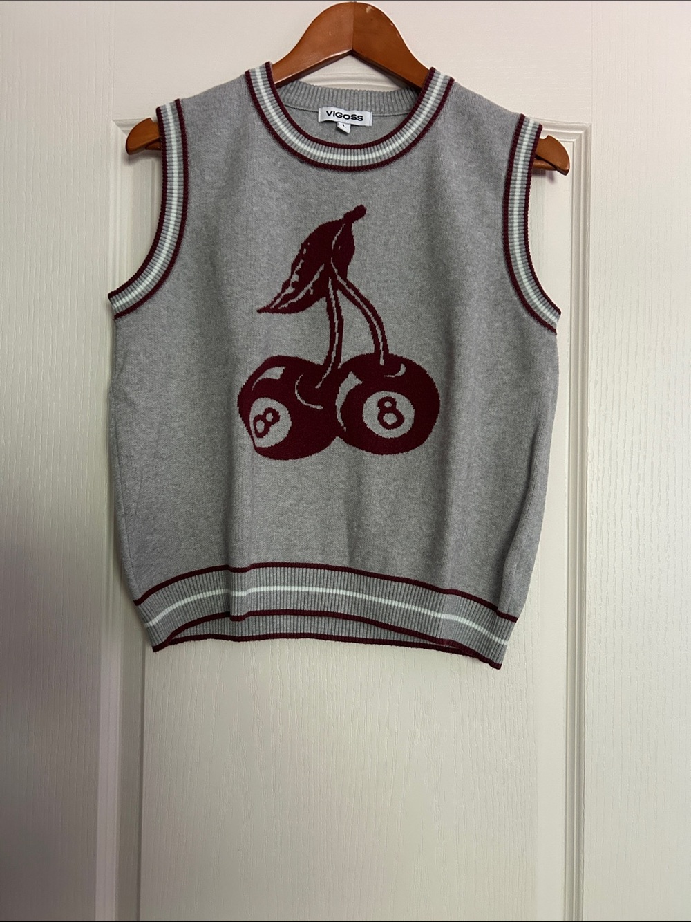 Vigoss Gray Sleeveless Sweater Vest with Burgundy Cherry Graphic
